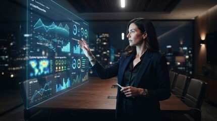 Fototapeta premium A focused businesswoman interacts with a glowing virtual holographic interface displaying real-time analytics, charts, and customer metrics in a luxury corporate office at night.