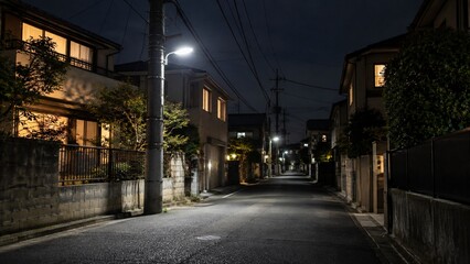 Fototapeta premium Utility pole lit by a streetlamp among glowing house windows on a night residential street