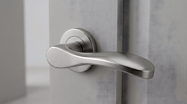 Brushed metal door handle with a curved lever mounted on a light gray wooden door panel in a close-up indoor shot