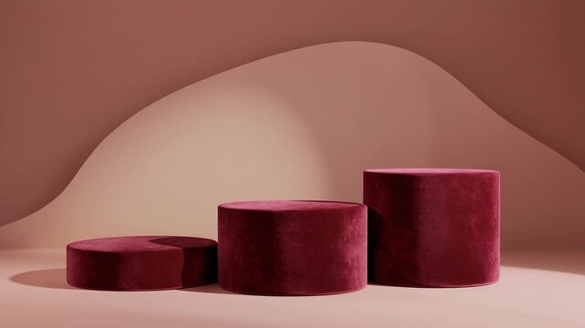 Three Simple Cylindrical Display Plinths Covered in Burgundy Velvet for Product Presentation Background Full HD