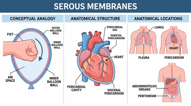 Medical infographic showing serous membranes and human anatomy