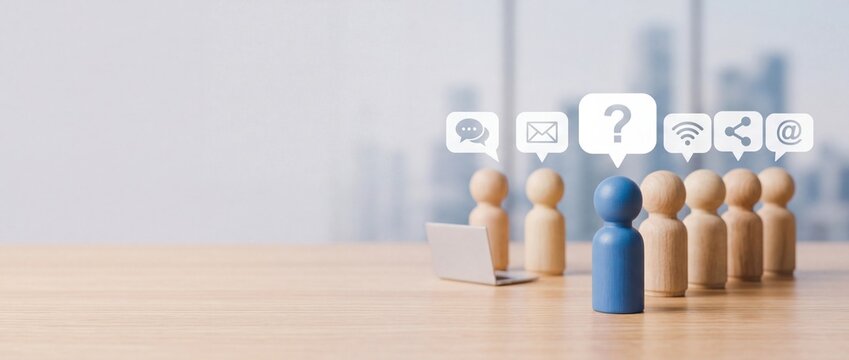 Blue wooden peg doll standing among others with a question mark icon and digital communication symbols on a desk, representing customer service, faq, help desk support, and leadership concept.