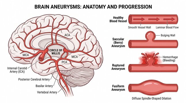 Medical illustration of brain aneurysm anatomy and progression