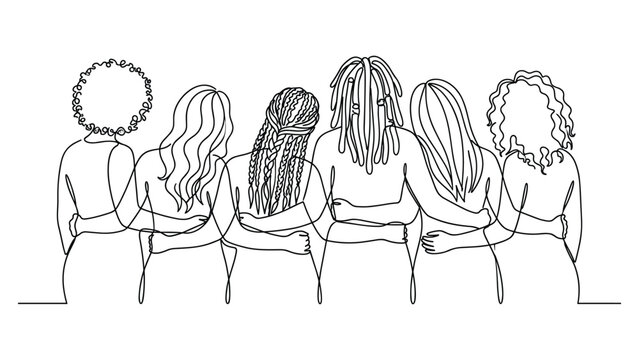 Continuous line art illustration of a diverse group of women standing together with arms around each others shoulders showcasing unity friendship and diversity.