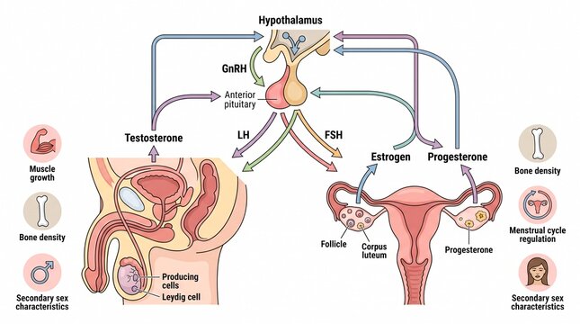 Reproductive hormone axis diagram showing hypothalamus and organs