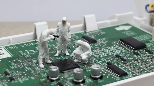 Mini toy of action figure at table with blurred background. Miniature videography concept design. Minifigure of engineer character with motherboard. Inspection and maintenance electronic device.