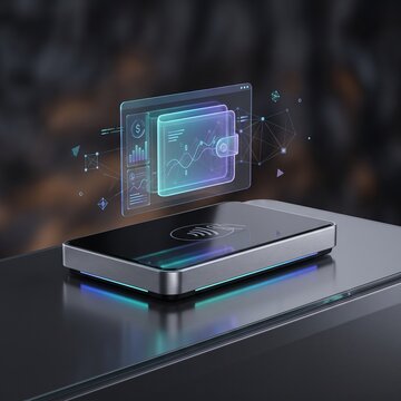 Contactless NFC Mobile Payment Concept 3D Illustration featuring Futuristic Digital Wallet Interface Displayed on POS Terminal Reader Surface