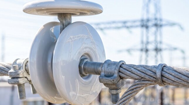 Close up of white ceramic insulator and steel high voltage cable on an electrical tower, representing industrial power distribution and grid stability for utility company marketing.