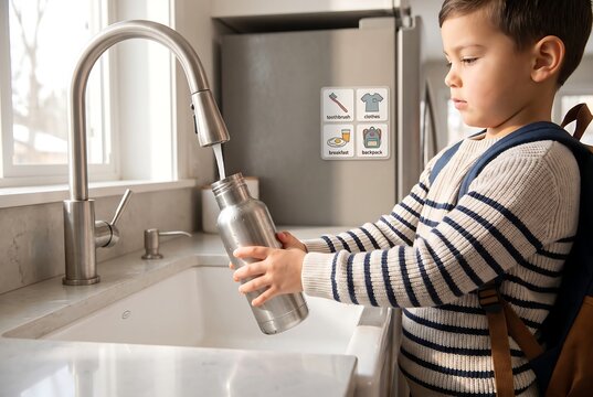 Child Filling Reusable Water Bottle During Morning Routine