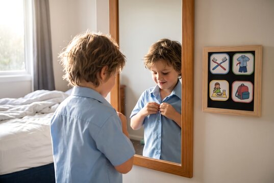 Child Practicing Buttoning Shirt Independently Before School