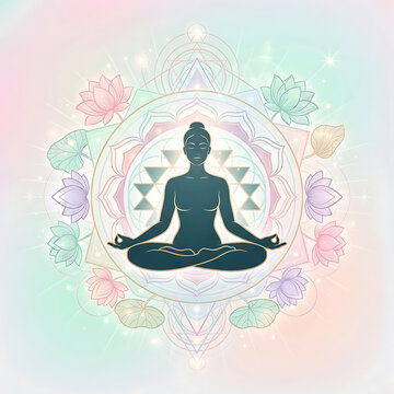 Meditation and yoga concept illustration with a siluet of a woman lotus pose, mandala, and pastel lotus flowers background