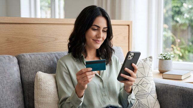 Young Woman Using Credit Card and Smartphone for Online Shopping while Relaxing on Couch at Home