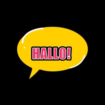 Yellow comic speech bubble with the German word Hallo in pink text on a black background.