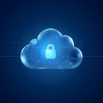 Cloud Computing Security Concept 3D Illustration featuring Transparent Glass Cloud with Glowing Lock Symbol in Blue Futuristic Background