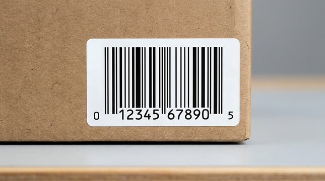 Close up of a barcode sticker on a cardboard box.