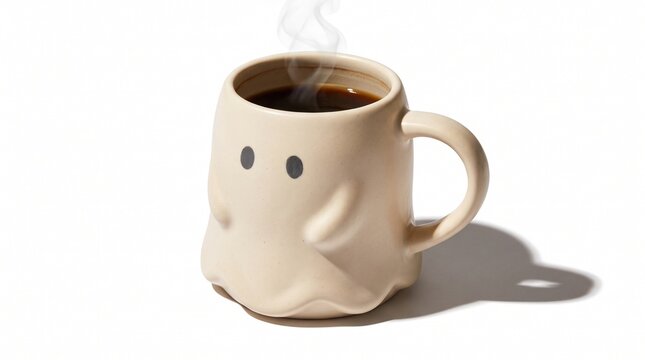 Steaming Hot Coffee in Ghost Shaped Ceramic Mug on White Background