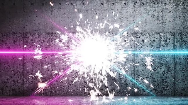 Neon pink and cyan beams converge across an industrial concrete space, triggering a radiant burst of abstract magnetic attraction for futuristic Valentine
