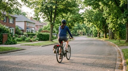 Fototapeta premium Woman cycling on a quiet residential street during a sunny afternoon perfect for lifestyle blogs, wellness websites, and corporate health presentations