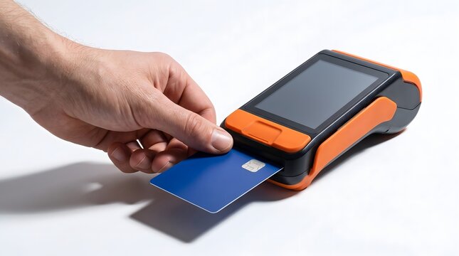Close-up of Hand Inserting Credit Card into POS Terminal Payment Machine Isolated on White Background