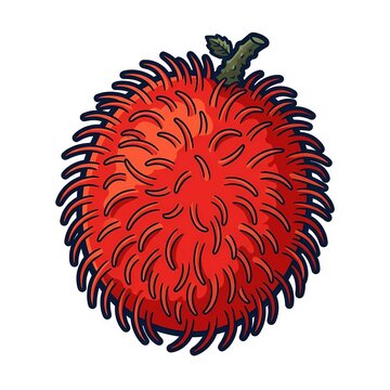 Bright red rambutan fruit isolated on white, featuring its distinctive soft spines in cartoon vector style.