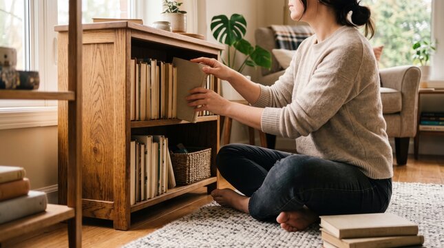 Woman sitting on the floor and organizing books on a wooden bookshelf in a cozy living room perfect for lifestyle blogs, home decor websites, and interior design content
