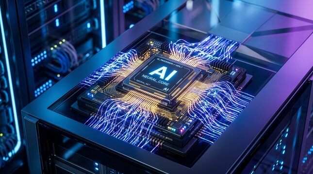Glowing futuristic AI processor chip with neural network and digital data circuit connections