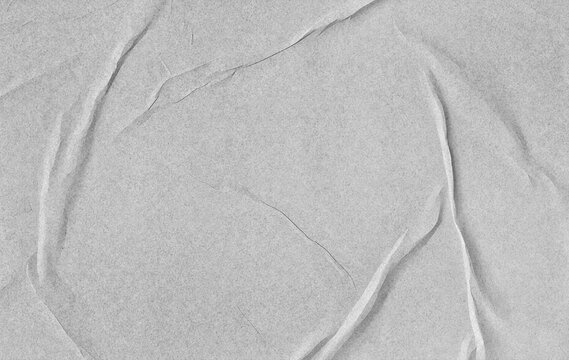 White glued paper texture with deep creases, wrinkles, folded edges, subtle grain, distressed surface, and blank poster template background