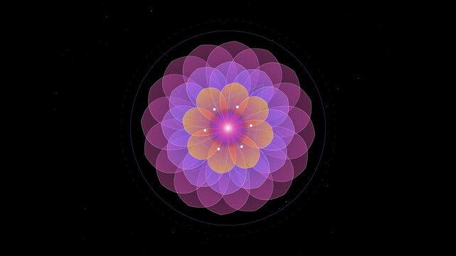 Abstract Glowing Geometric Flower Mandala Motion Background animation purple pink orange petals particles orbiting stars black symetry kaleidoscope spiritual meditation sacred geometry cosmos universe