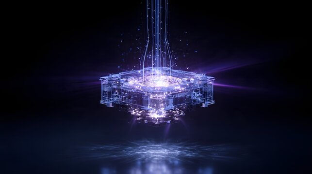 Floating Transparent Cubic Quantum Spintronics Core Node with Vertical Fiber Beams and Bright Purple Light Discharge