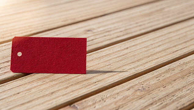 A red blank paper tag resting on a rustic wooden deck plank background