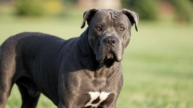 Powerful cane corso dog standing in a green field looking around