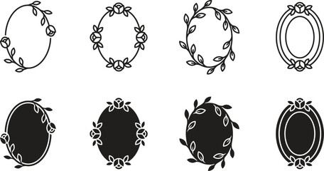 Fototapeta premium Set Of Eight Elegant Oval Floral Frames With Rose Decorative Elements As A Versatile Collection For Creative Design Projects.