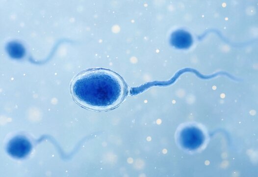 Three dimensional sperm cells surrounding a smartphone, illustrating human fertility, reproductive biology, fertilization, medical research, conception, genetics, and modern healthcare technology.