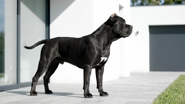 Black cane corso dog stands alert on a modern paved driveway