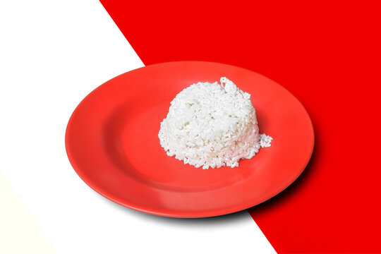 Rice in circle plate isolated white red background 