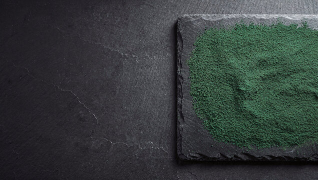 Green spirulina or chlorella algae powder on a dark slate board