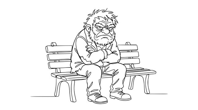 Grumpy Old Man Sitting on Bench, Arms Crossed, Angry Expression, Isolated