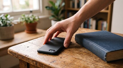 Fototapeta premium Close-up lifestyle photograph of a person placing a smartphone on a rustic wooden table next to a vintage book, ideal for digital detox, study, and mobile technology marketing