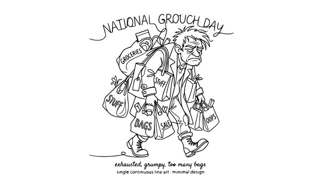 National Grouch Day illustration: exhausted man overloaded with shopping bags, continuous line art