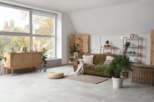 Interior of living room with green sofa, folding screen, shelving units, commode and many houseplants
