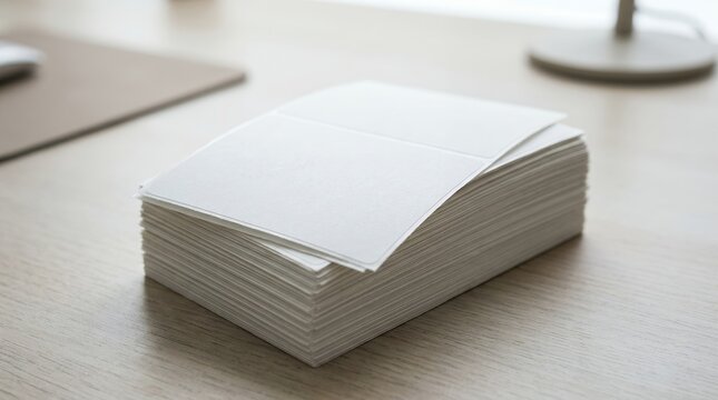 Stack of blank white paper cards on a desk with a mouse pad and monitor base.