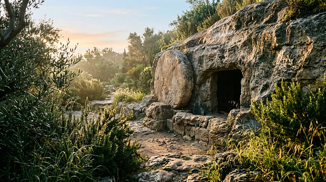 Ancient rock-cut tomb standing open and empty among olive trees and warm morning light, evoking the Resurrection and universal themes of hope, renewal, faith, discovery, new beginning
