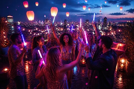 Friends celebrate rooftop lantern party with glowing city skyline