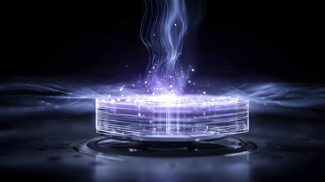 Glowing Multi Layered Circular Quantum Spintronics Core Wafer with Rising Plasma Energy Smoke Lines and Micro Spark Particles