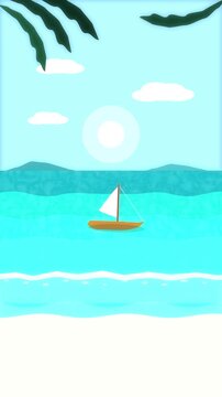 Pixel art sailboat sailing on turquoise ocean waves under bright sun and clouds, tropical beach scene