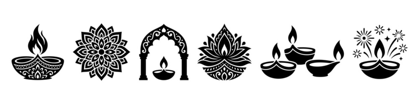 Indian Diwali festival black vector icons of traditional diya lamps archway and ornamental mandala patterns.