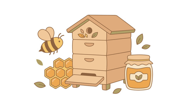 Natural honey production concept with a bee a wooden beehive honeycomb frames a glass jar of honey worker bee honey comb honeycomb beekeeping agriculture sweetness beekeeper environmental