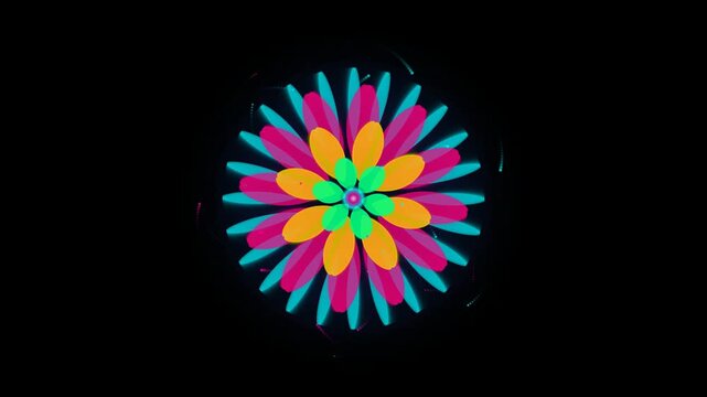 Abstract Colorful Flower Animation Rotating on Black Background bloom floral motion graphics digital art pattern mandala kaleidoscope bright vibrant petals geometric loop seamless design graphic