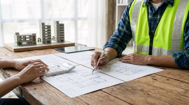 Architect in a safety vest and a client discussing building blueprints and project costs using a calculator.
