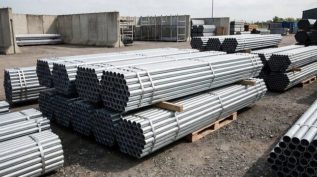 Stacks of metal pipes piled in an outdoor industrial warehouse yard. rury stalowe